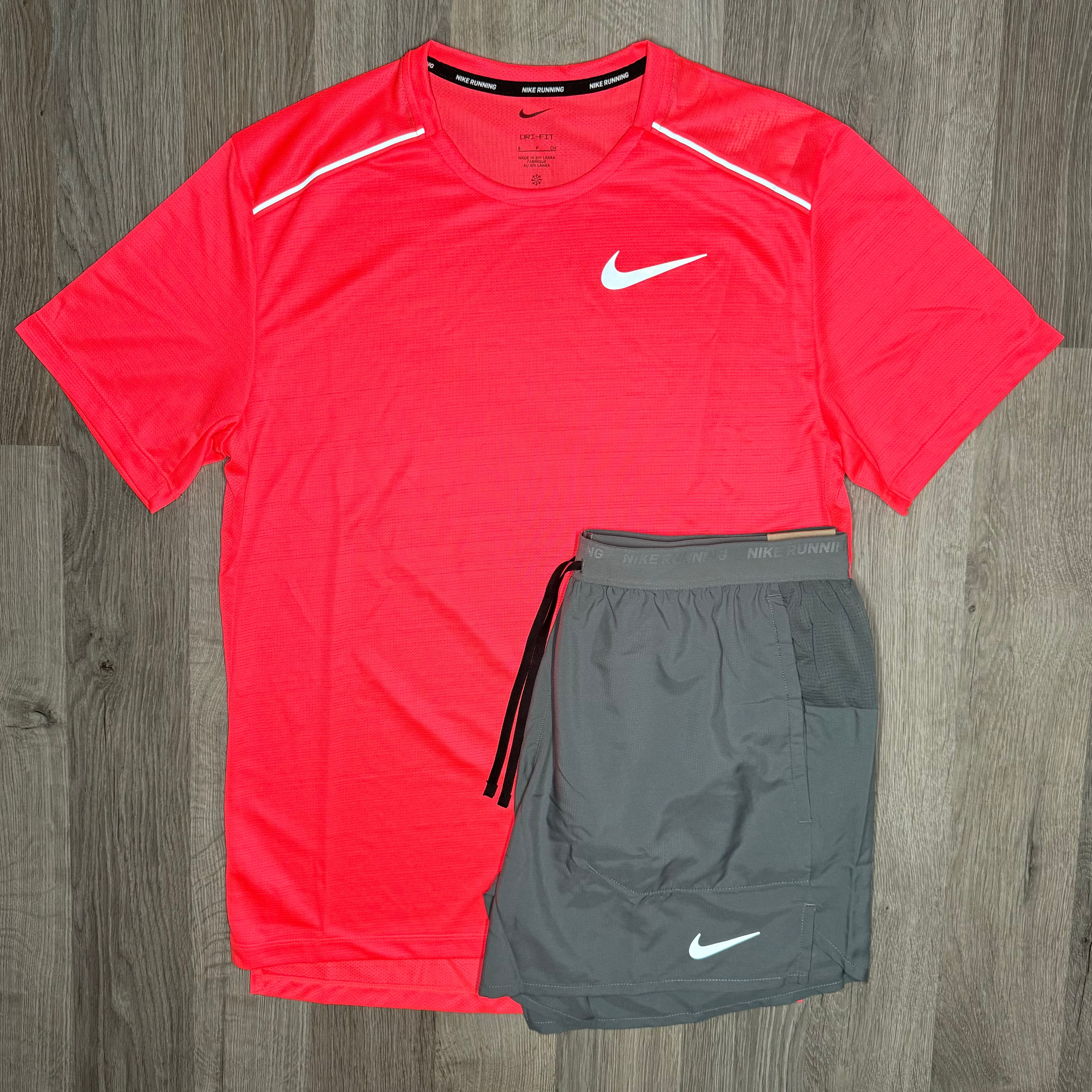 Nike Miler & Flex Stride Set - Tee & Shorts - Punch / Grey