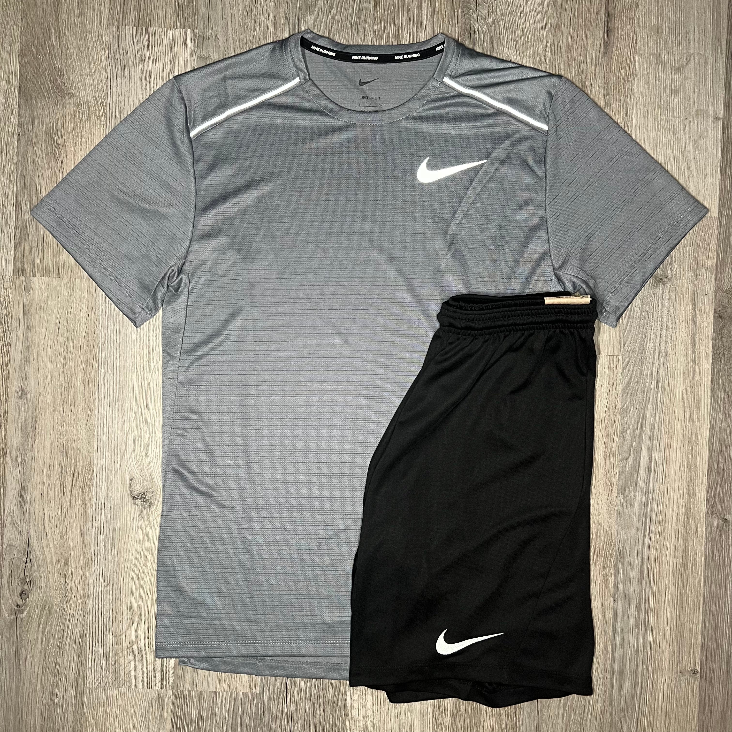 Nike Miler & Dri Fit Set - Tee & Shorts - Stone Grey / Black