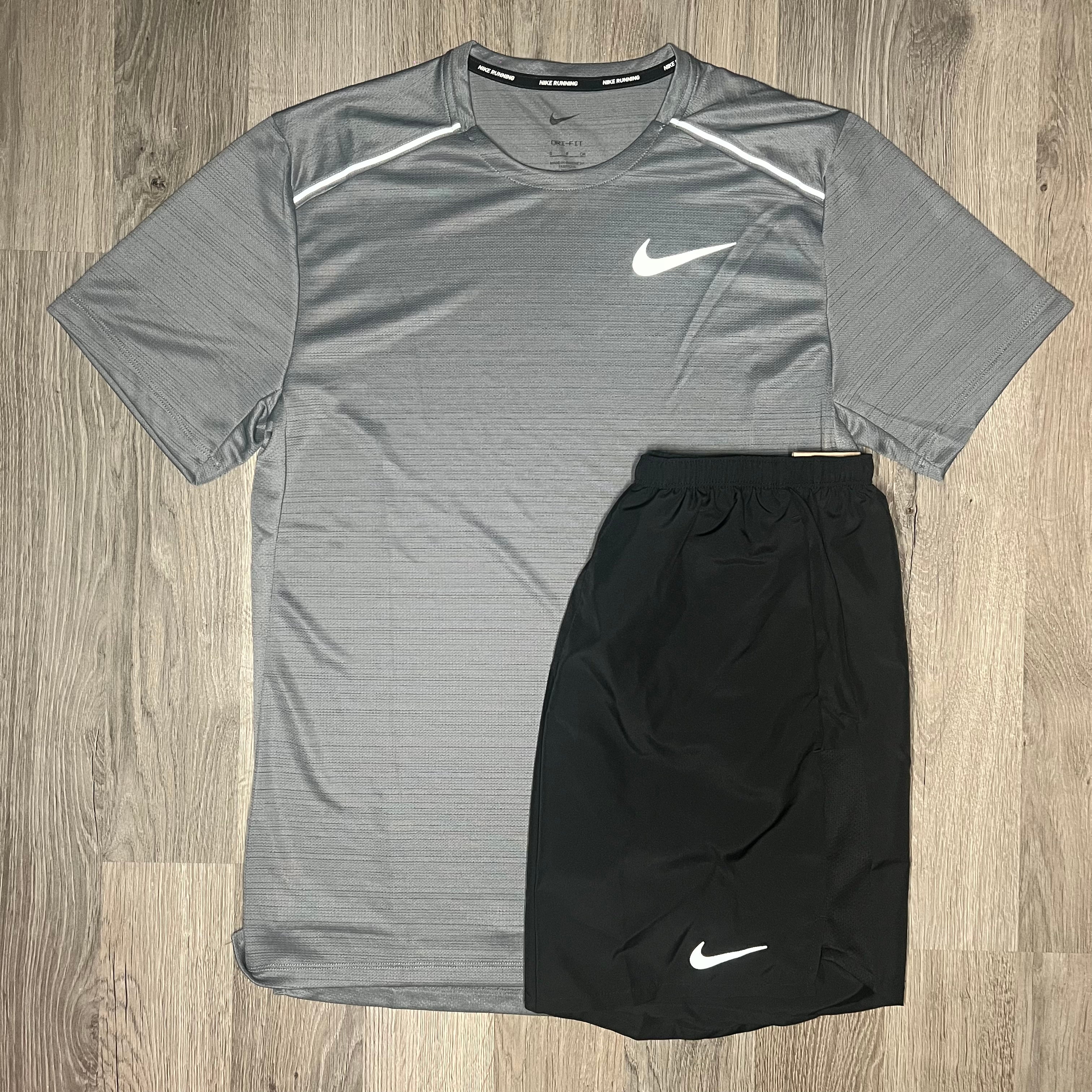 Nike Miler & Challenger Set - Tee & Shorts - Stone Grey / Black