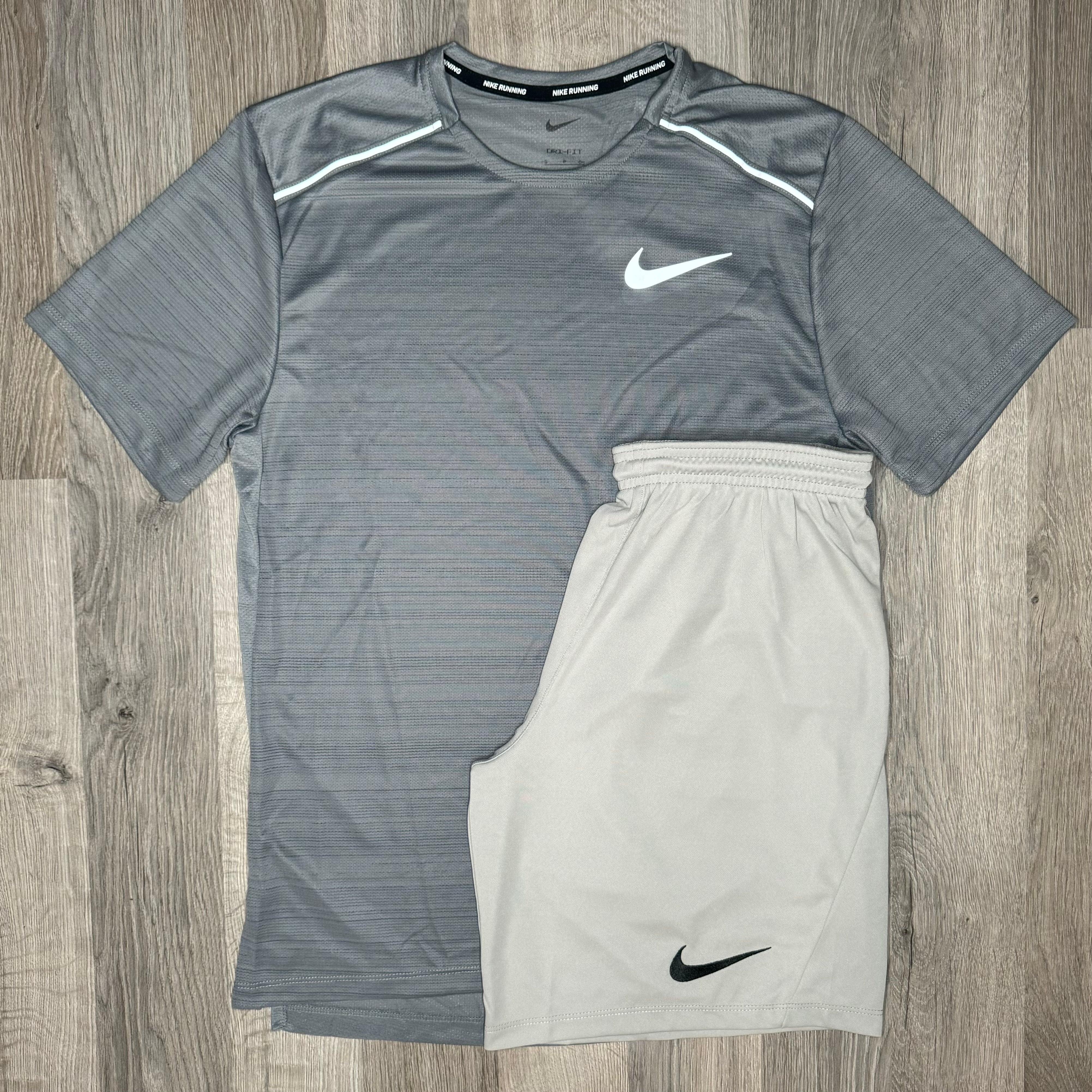 Nike Miler & Dri Fit Set - Tee & Shorts - Stone Grey / Grey