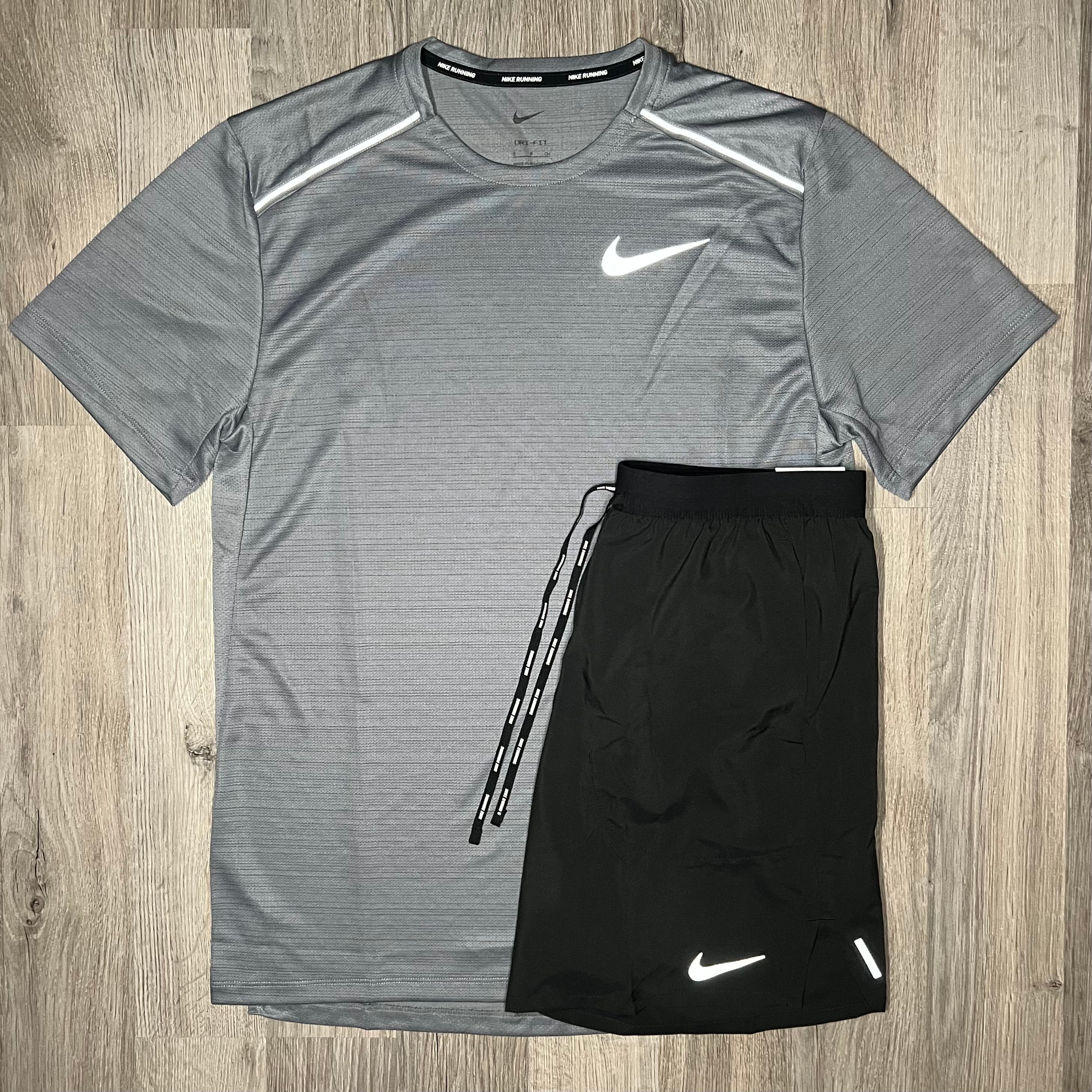 Nike Miler & Flex Stride 2.0 Set - Tee & Shorts - Stone Grey / Black