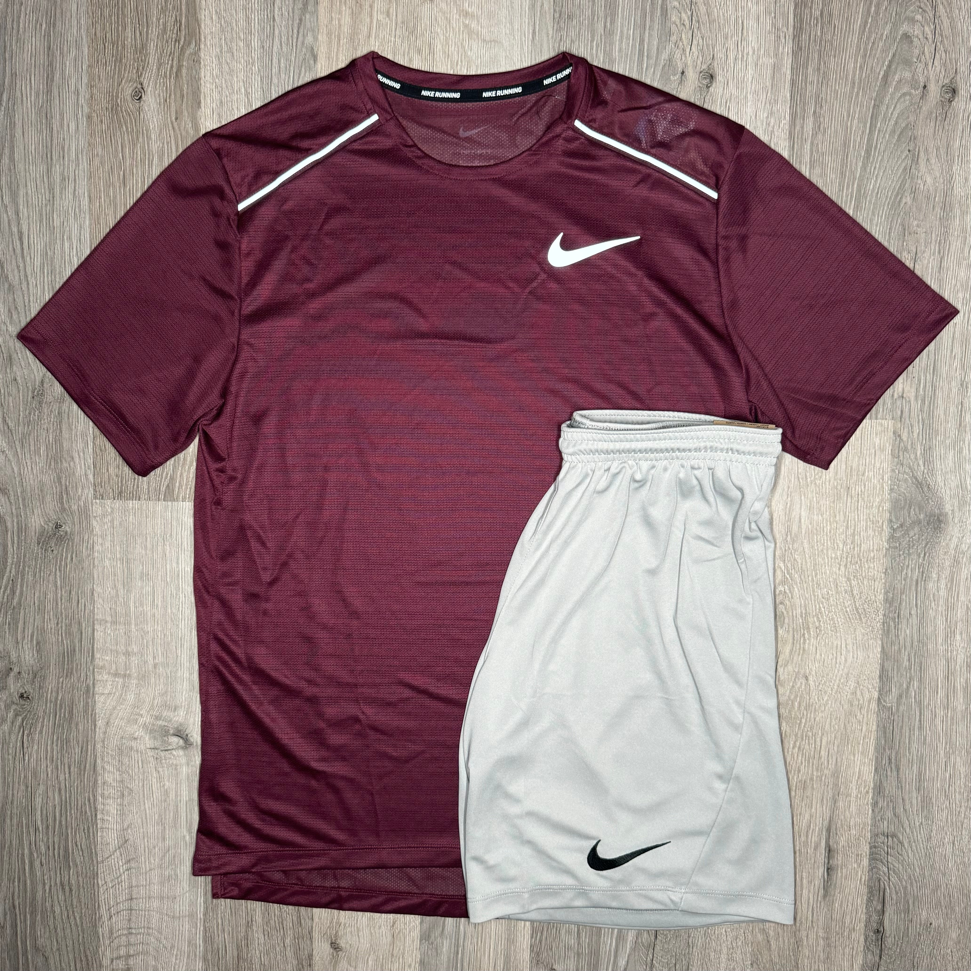 Nike Miler & Dri-Fit Set - Tee & Shorts - Beetroot / Grey