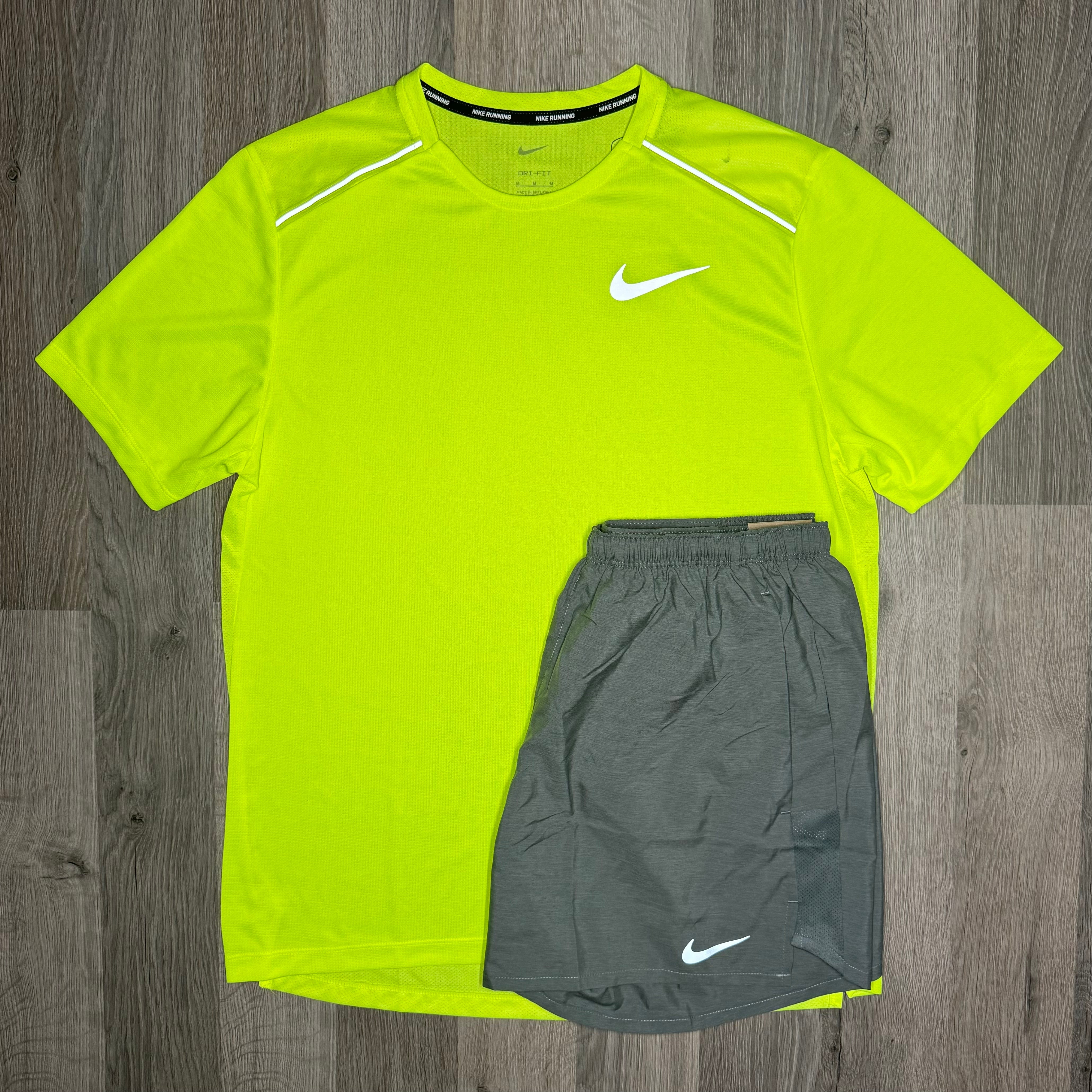 Nike Miler & Challenger Set - Tee & Shorts - Volt / Grey