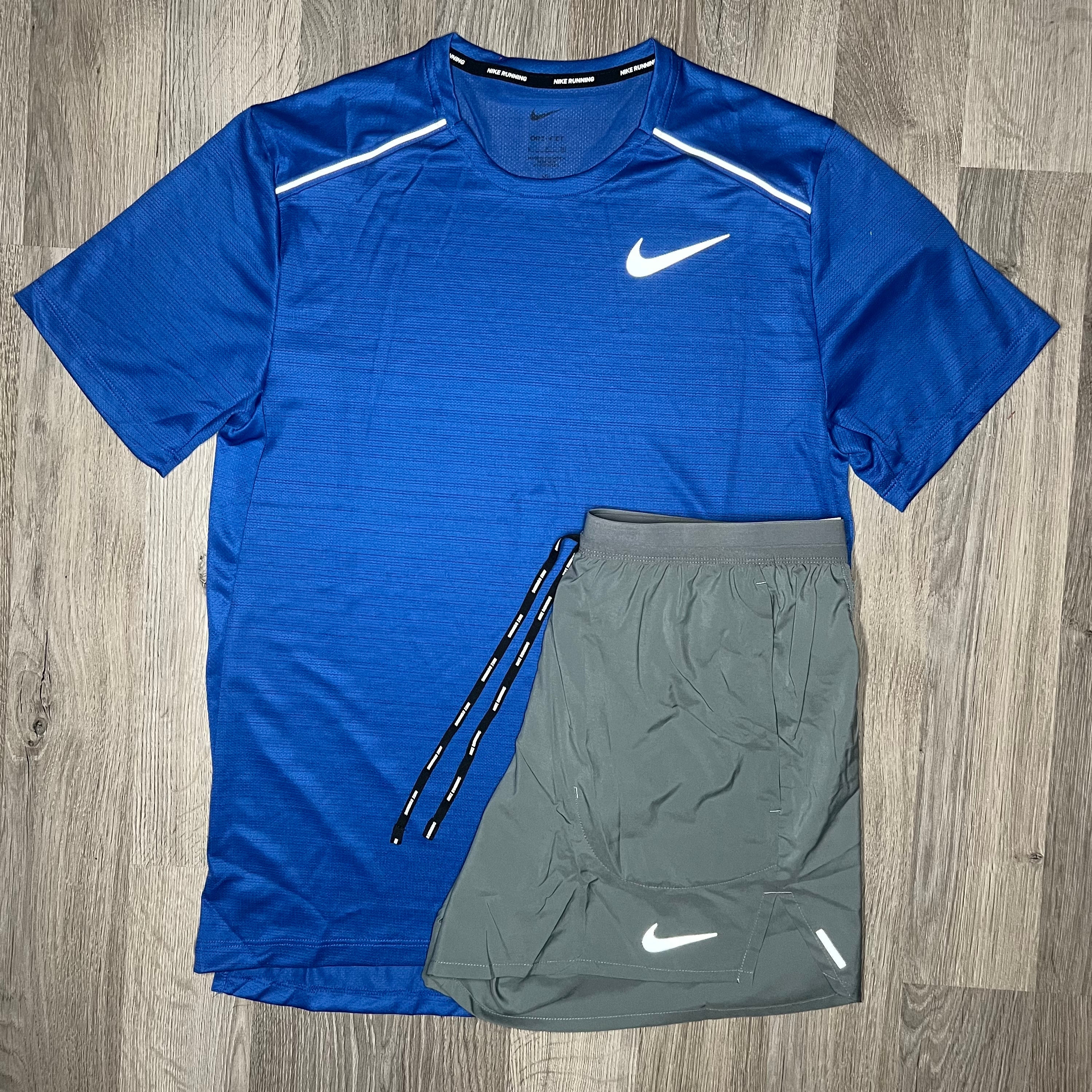 Nike Miler & Flex Stride 2.0 Set - Tee & Shorts - Royal Blue / Smoke Grey