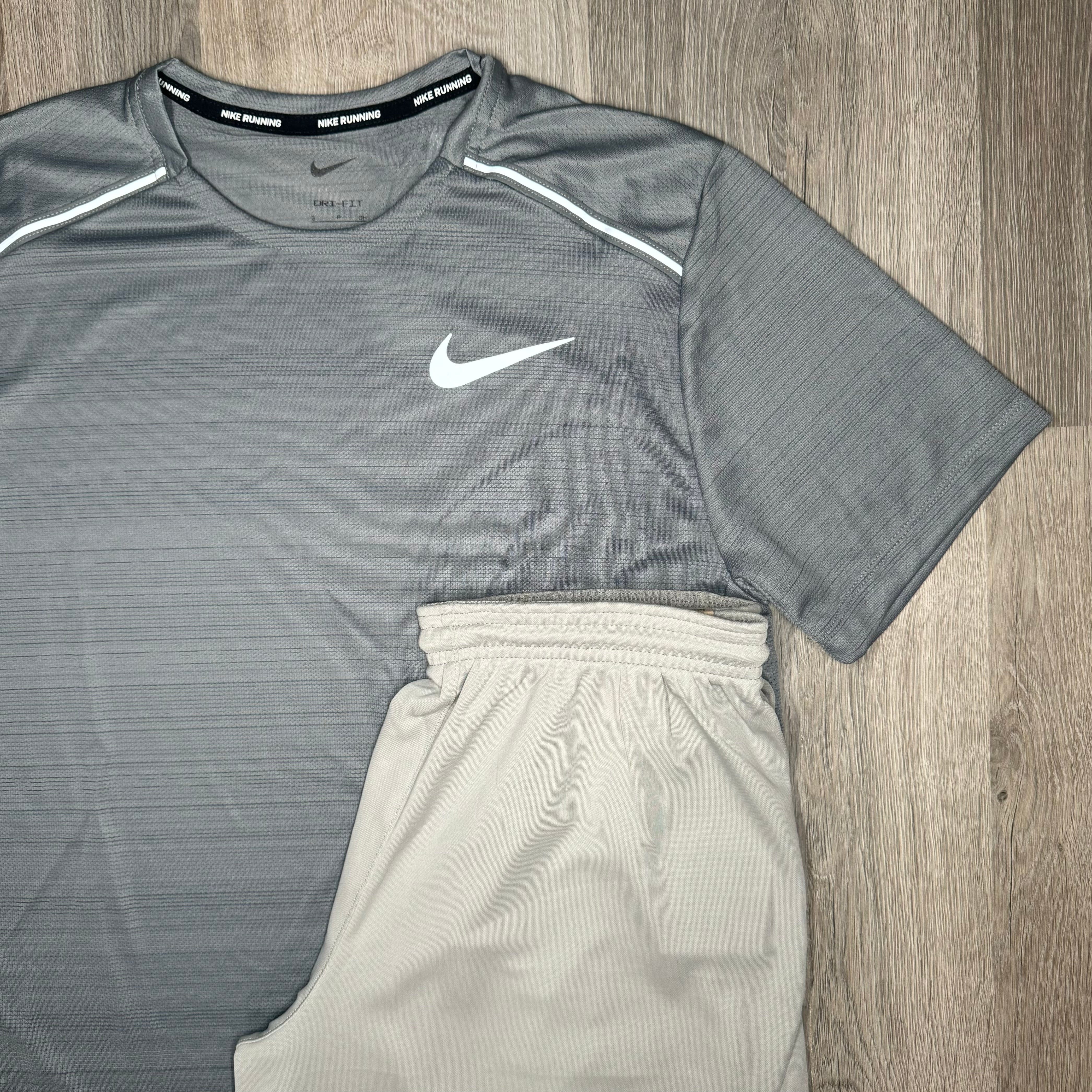 Nike Miler & Dri Fit Set - Tee & Shorts - Stone Grey / Grey