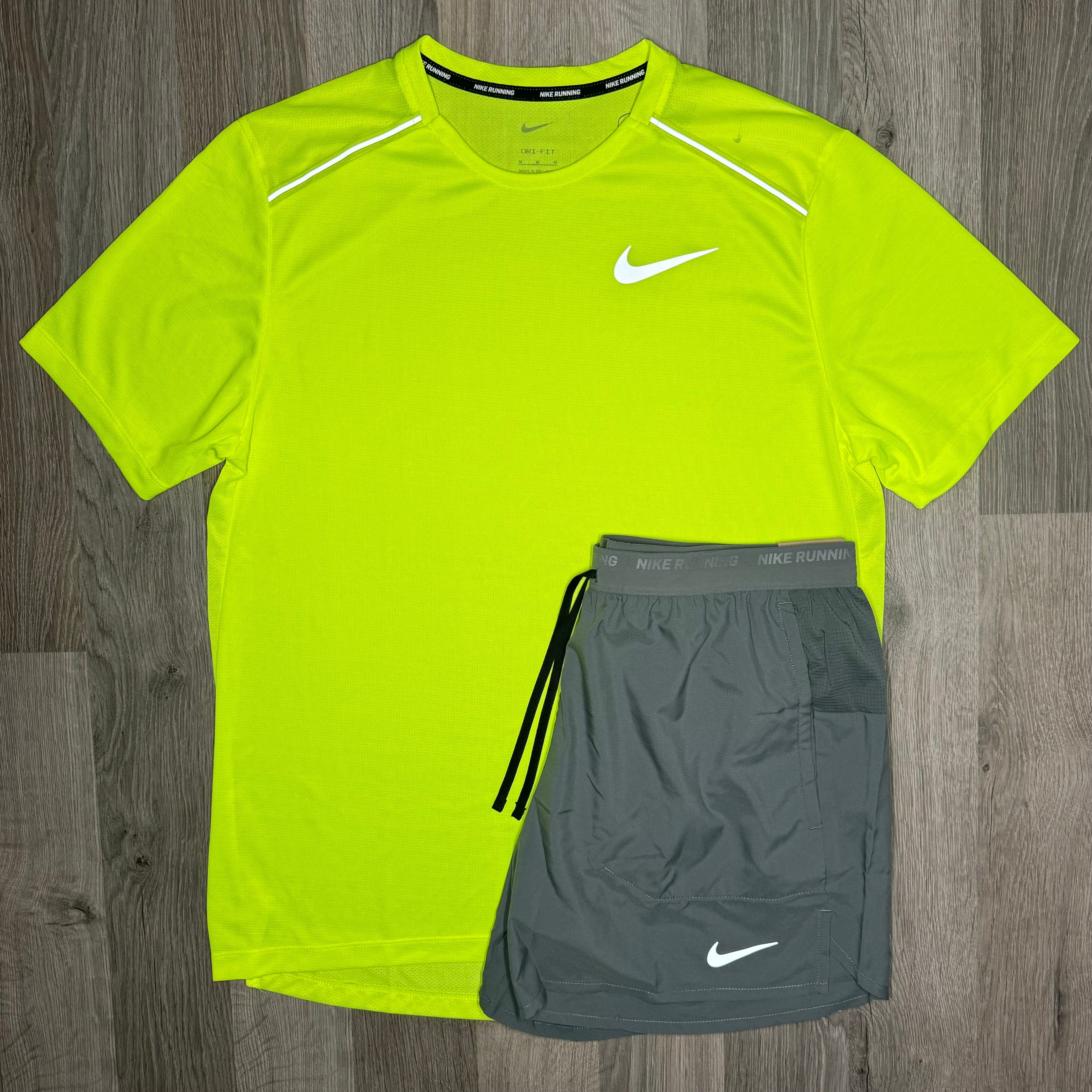 Nike Miler & Flex Stride Set - Tee / Shorts - Volt / Grey