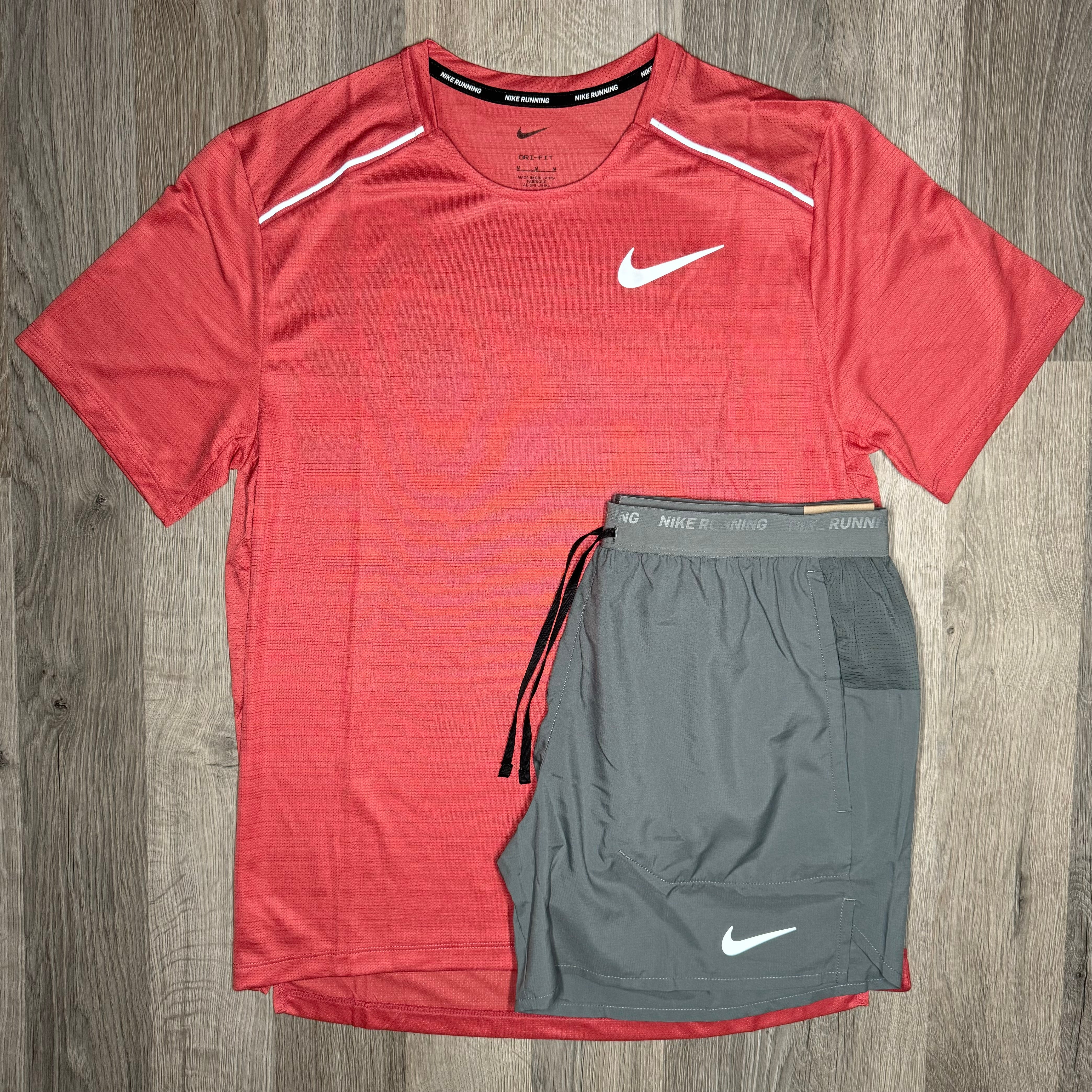 Nike Miler & Flex Stride 2.0 Set - Tee & Shorts - Adobe Red / Grey