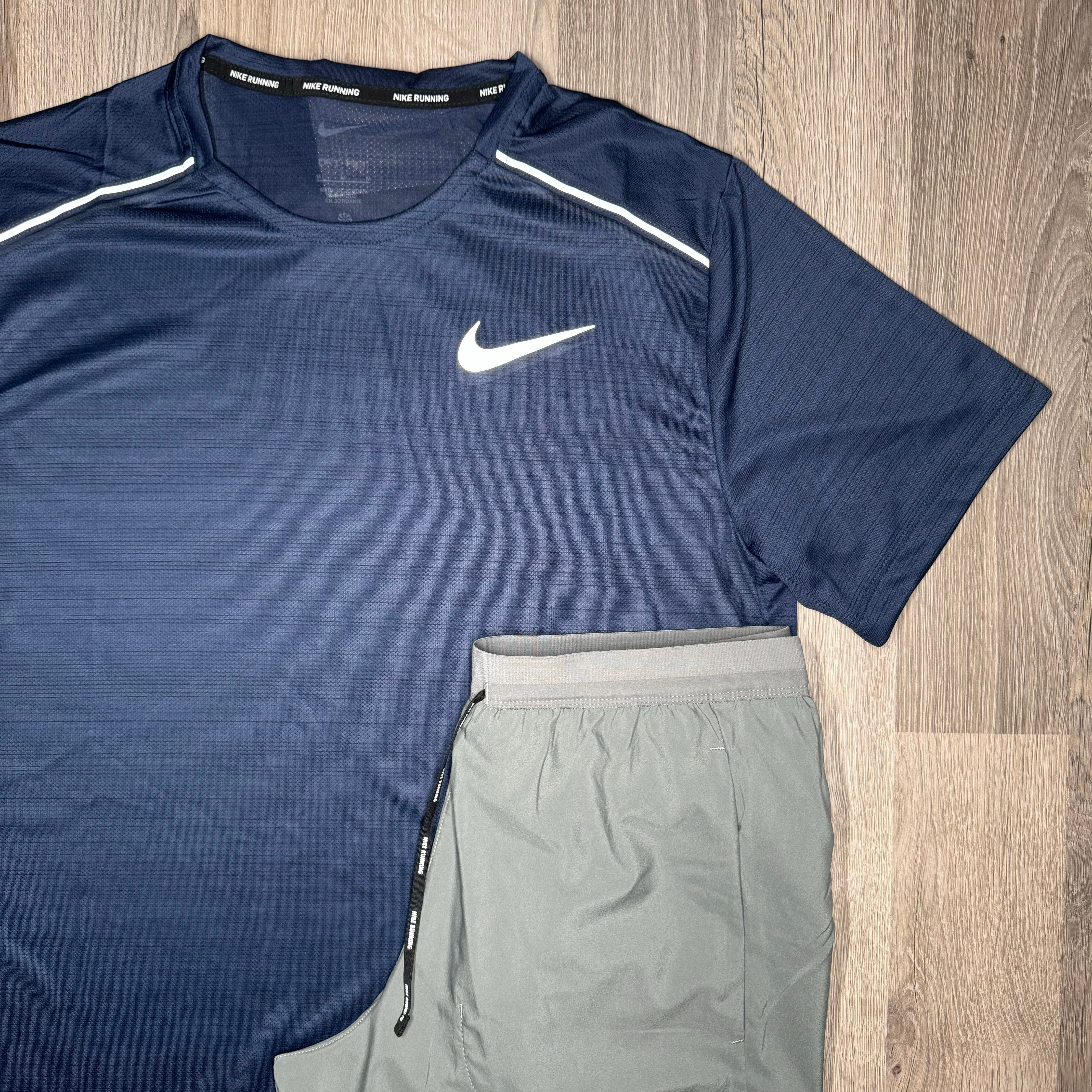 Nike Miler & Flex Stride Set - Tee / Shorts - Navy / Grey