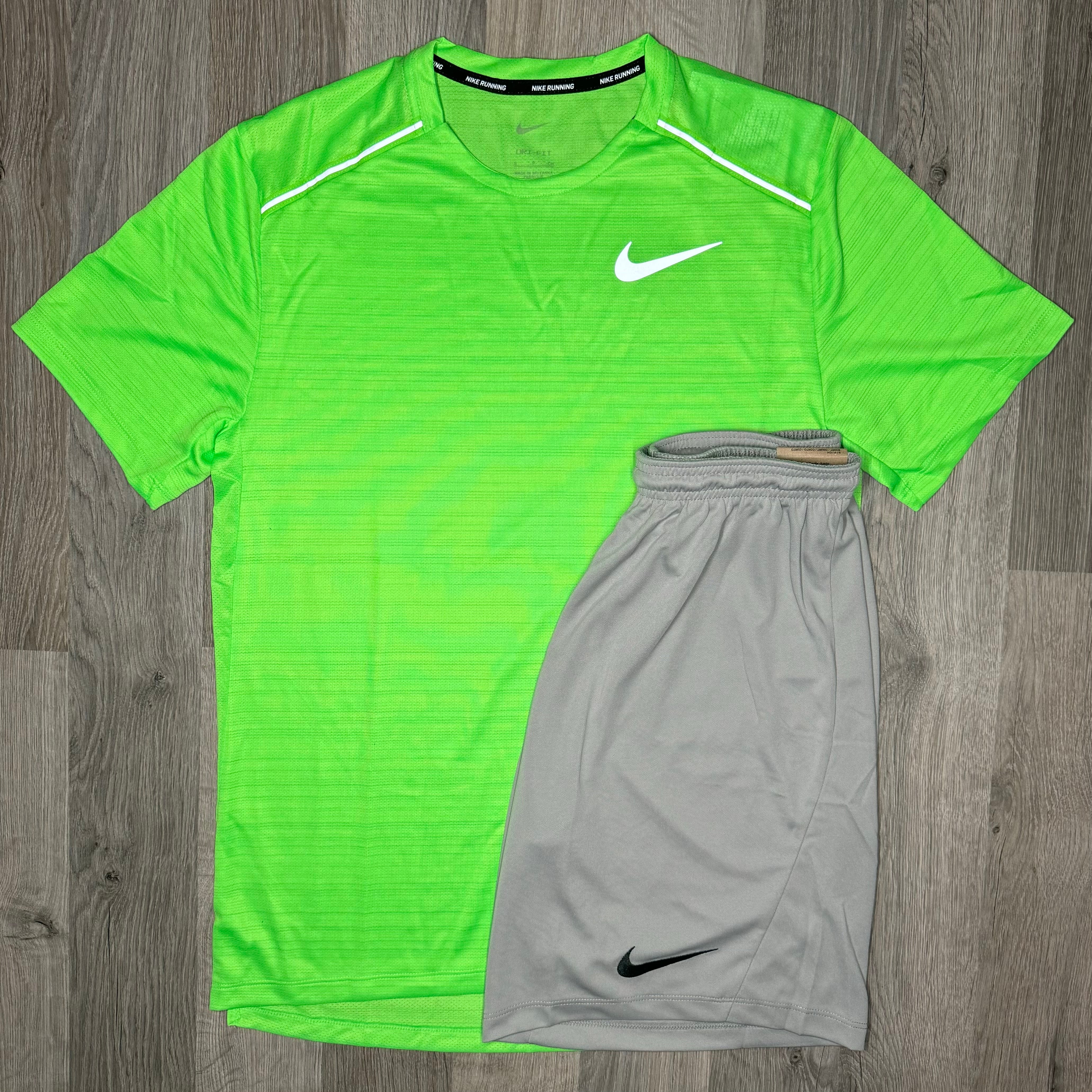 Nike Miler & Dri-Fit Set - Tee & Shorts - Green Strike / Grey