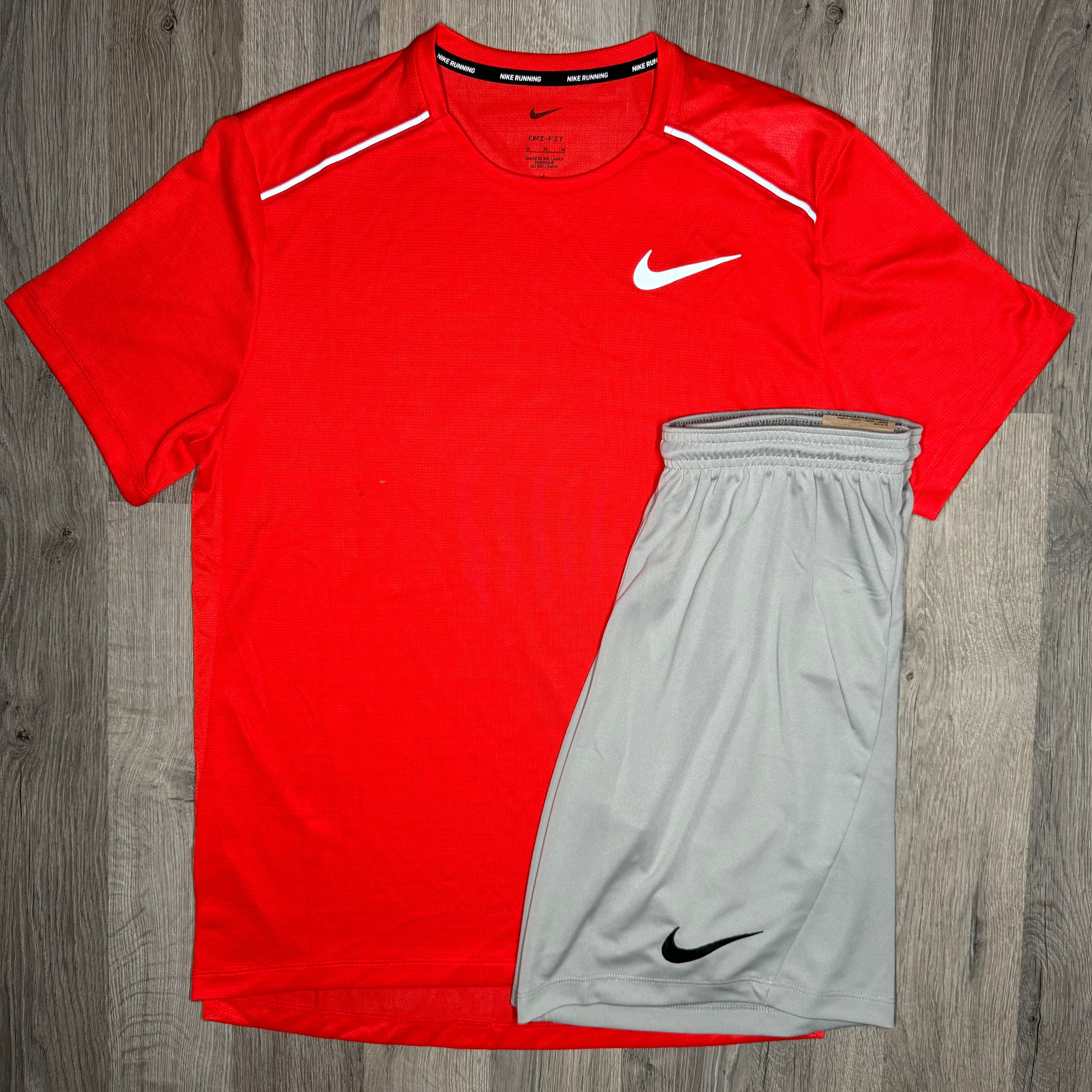 Nike Miler & Dri-Fit Set - Tee & Shorts - Chile Red / Grey